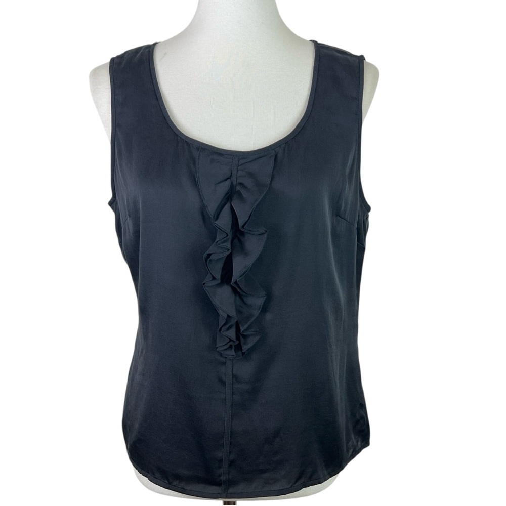 St. John Black Silk Ruffle Front Tank Top Sleeveless Blouse Medium Elegant Work - Picture 2 of 8